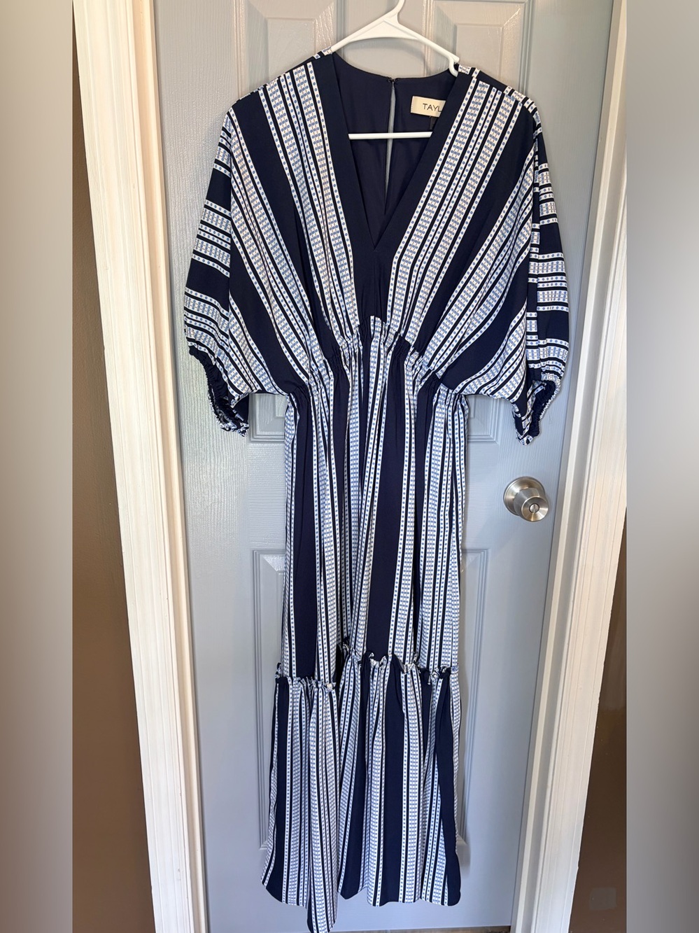 Taylor Navy and White Vertical Stripe Maxi Dress